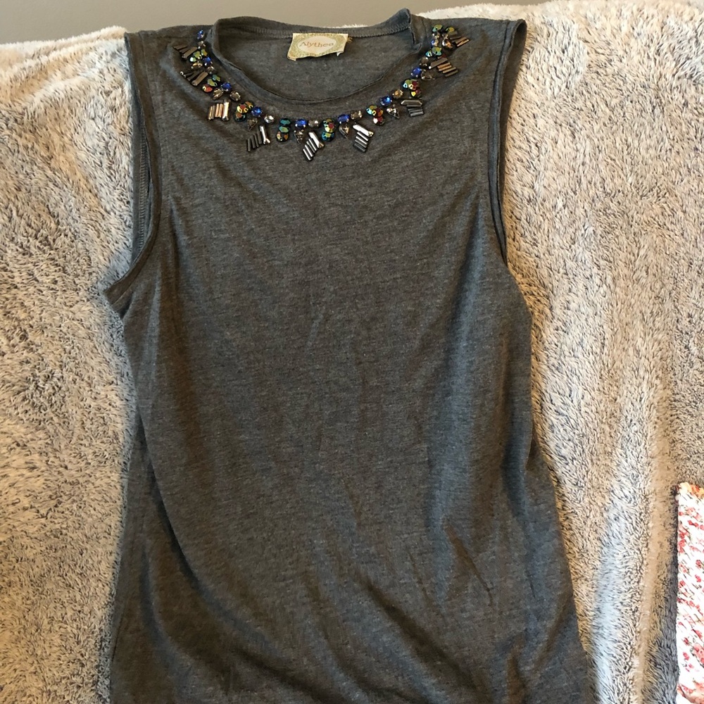 Grey sleeveless jeweled neck tank
